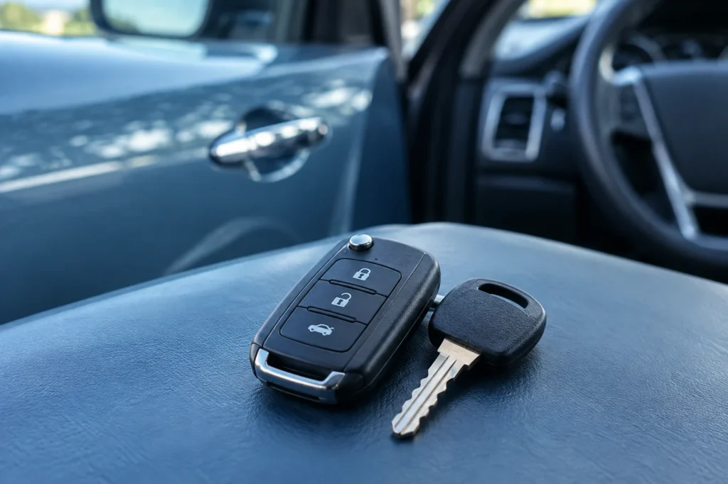 Car key fob and metal key resting on a car seat beside an open door.