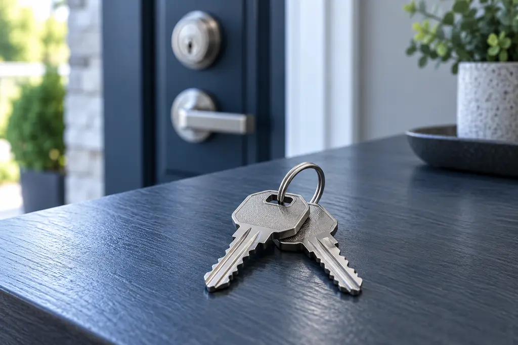 House keys resting near a modern front door with a deadbolt and handle.